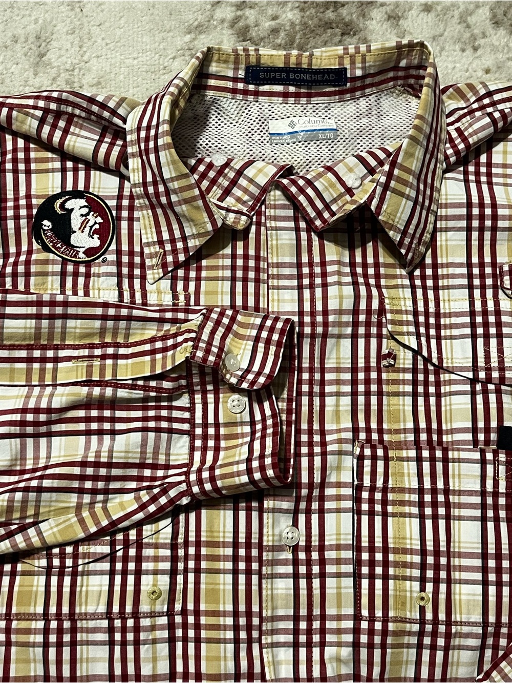 Columbia PFG Mens XL Florida State Seminoles Plaid Super Bonehead Fishing Shirt